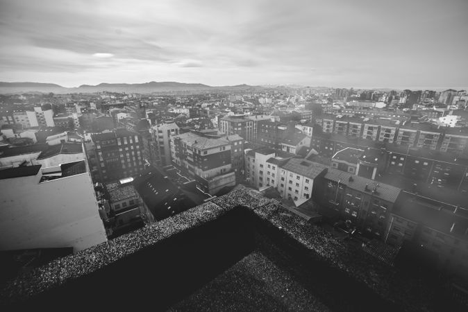 Panoramic view of town and blue sky with clouds in sunny day