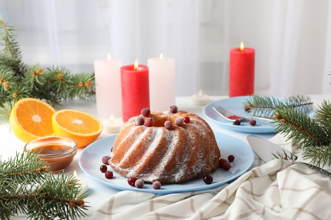Cake with powder sugar and cranberry on table. Christmas concept