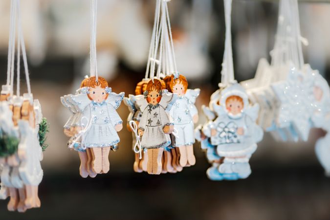 Angel tree decorations at Christmas market in Strasbourg, Alsace, France