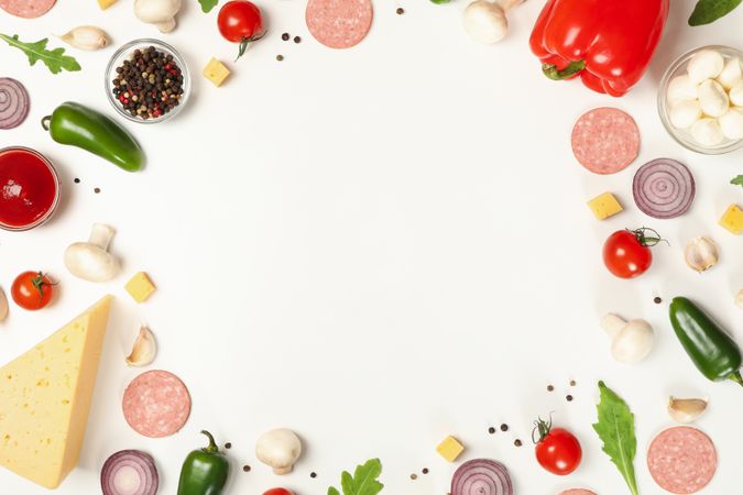 Ingredients for cooking pizza on plain background, space for text