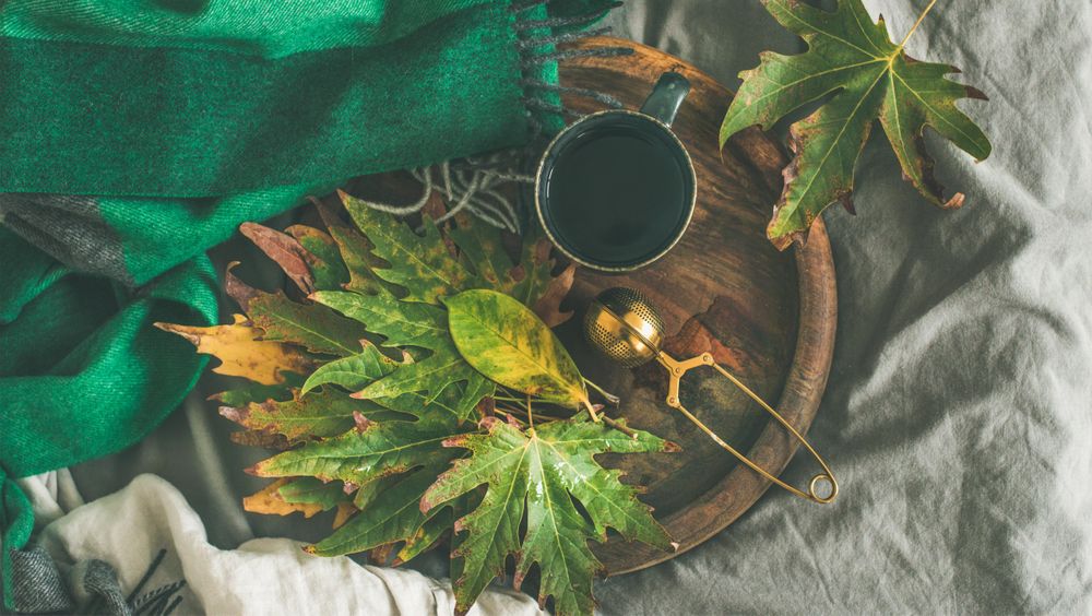 Fall leaves next to tea cup and infuser on wooden tray