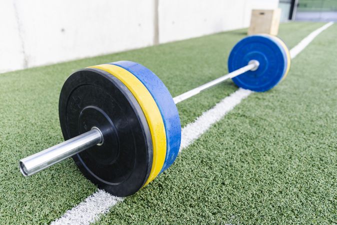 Barbell with weights on lawn