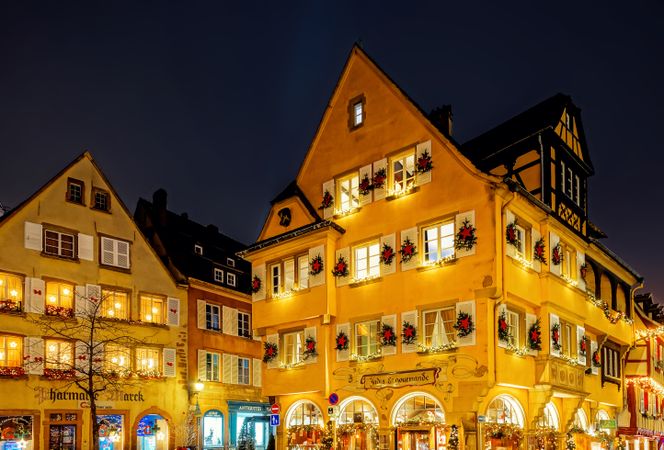 Elegant buildings lit for Christmas in Colmar, France