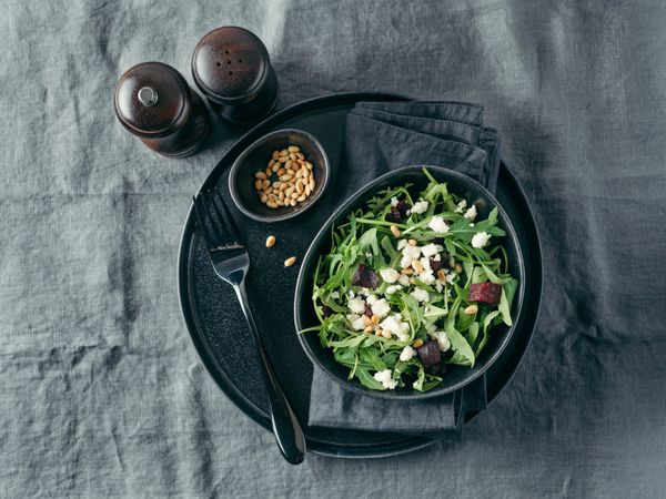 Aragula, beet and cheese salad, top view