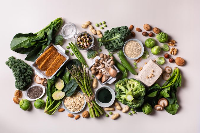 Group of healthy vegan, plant based protein source and body building food
