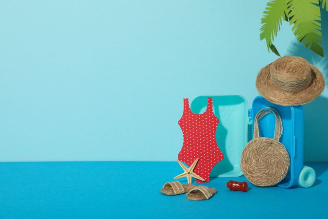 Concept of summer vacation, suitcase and other accessories.
