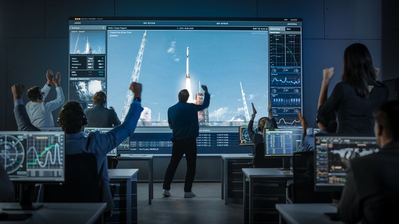 A Diverse Team Celebrates a Successful Rocket Launch, Analyzing Data on Large Screens