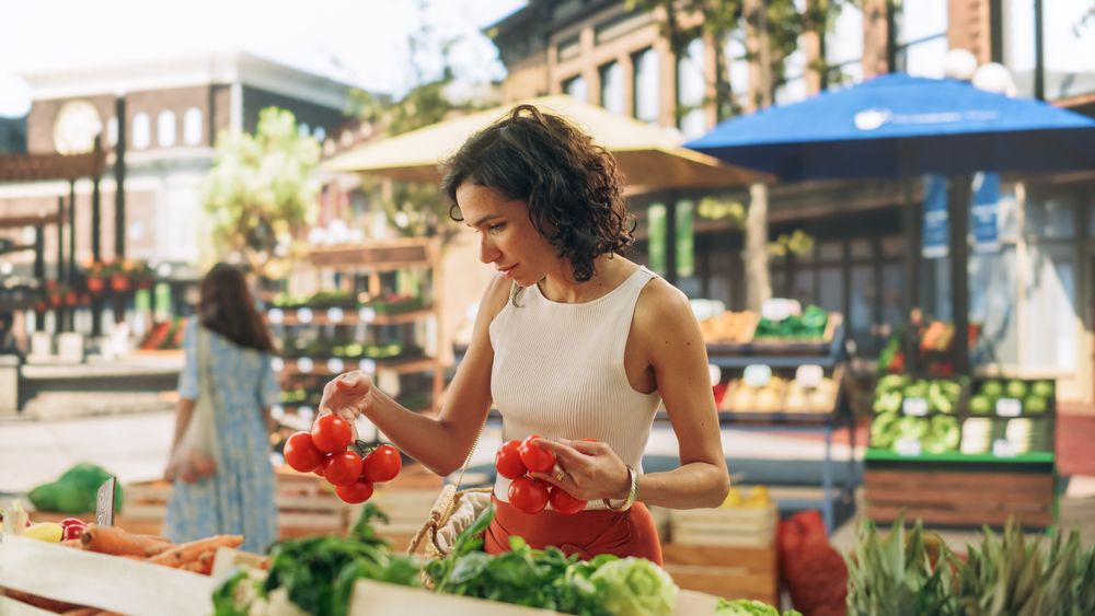 Customer Shopping for Fresh Seasonal Fruits and Vegetables for a Mediterranean Dinner.