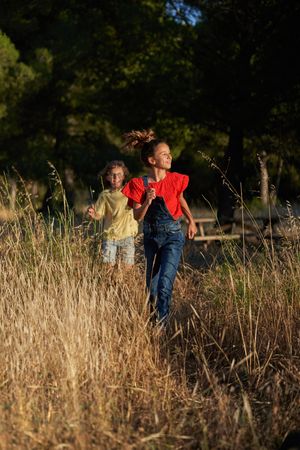Sister and brother walking in grassy meadow