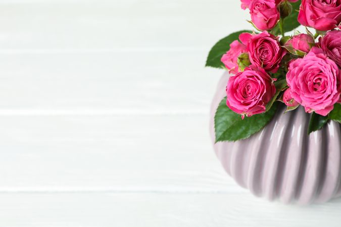 Vase with pink roses and space for text on light background, closeup