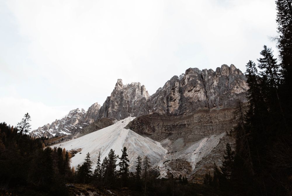 Big mountains near pine forest on cloudy weather