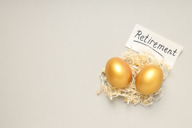 Golden eggs, pension savings, investments, retirement, space for text
