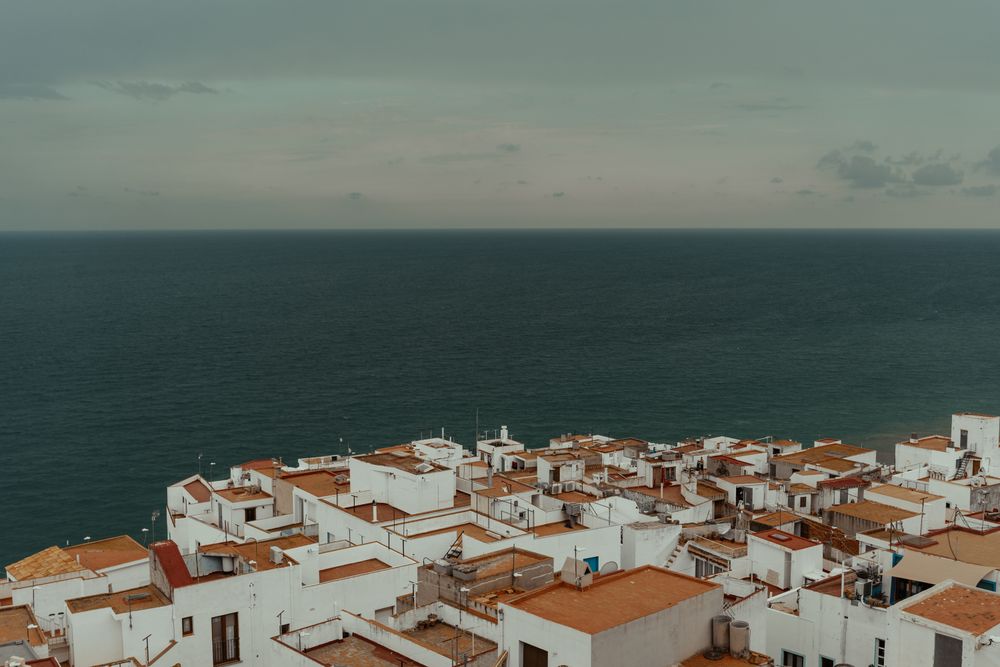 Aerial view of buildings with red roofs
