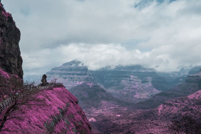 Beautiful infrared landscape of a scenic view at Malshej Ghat in Maharashtra, India