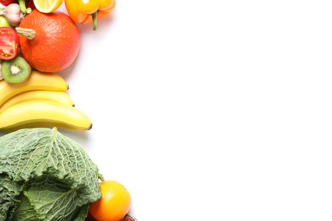 Composition with ripe vegetables and fruits isolated. Top view