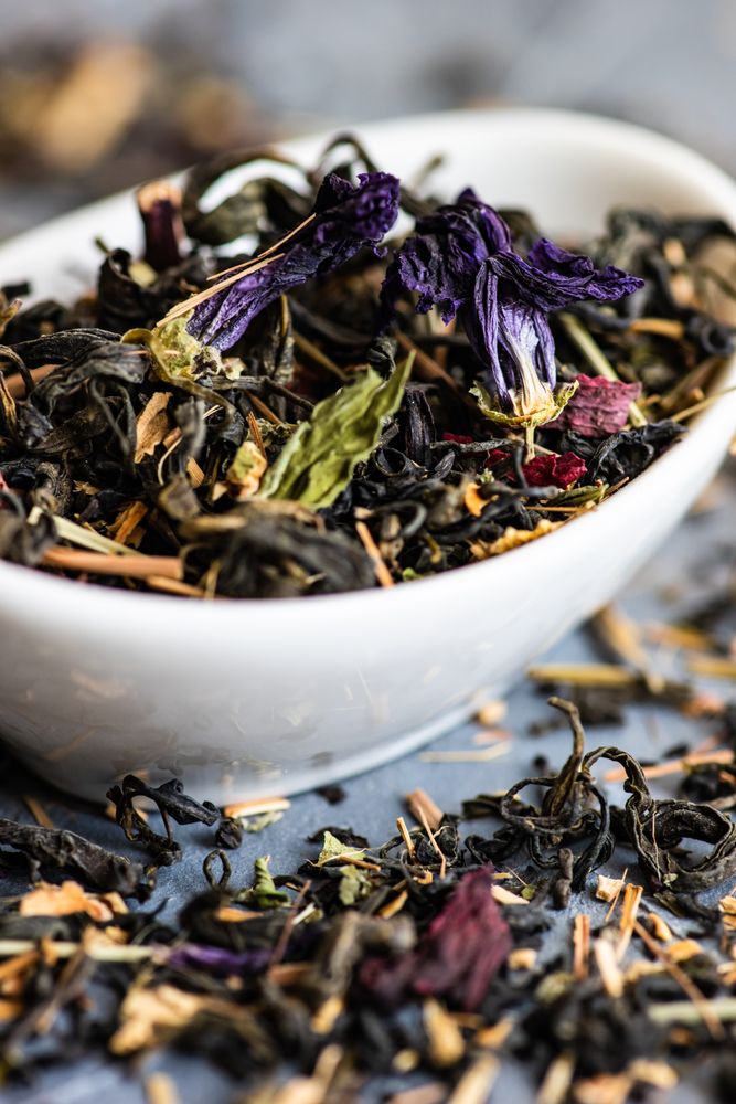 Colorful loose leaf tea in a bowl