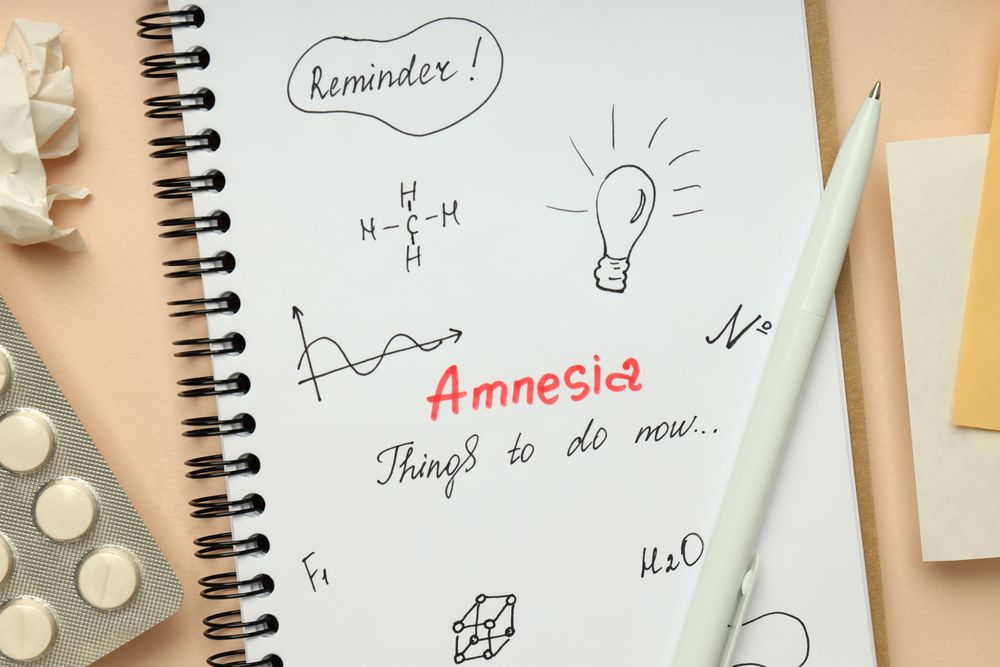 Flat lay of notebook with reminders for person with amnesia