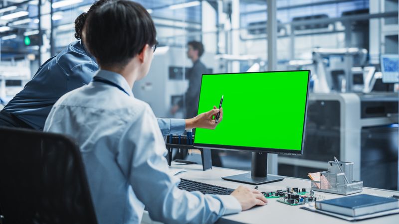 Hispanic Female Manager And Asian Male Engineer Using Desktop Computer With Green Screen Chromakey On Display at Automated Factory With Robotic Arms.