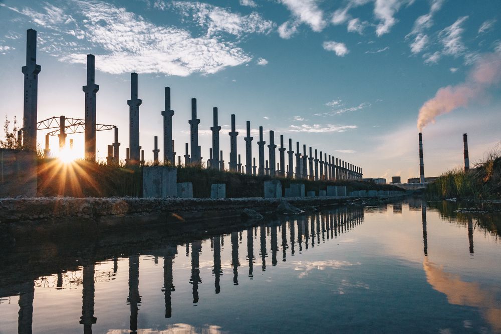 Industrial body of water near factories
