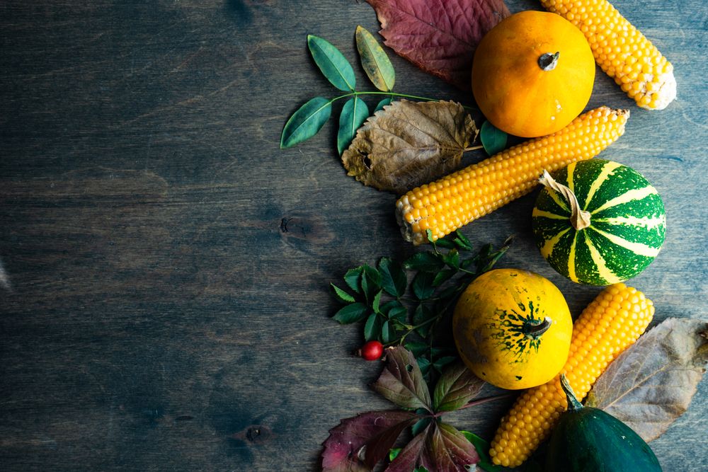 Top view of mini squashes and corn with autumn leaves on table
