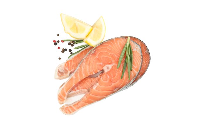 Fresh raw salmon meat and spices isolated on plain background