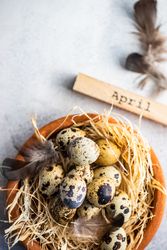 Easter card concept with speckled eggs in decorative bird's nest