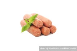 Five sausages in blank room with herb garnish 0Kr3yb