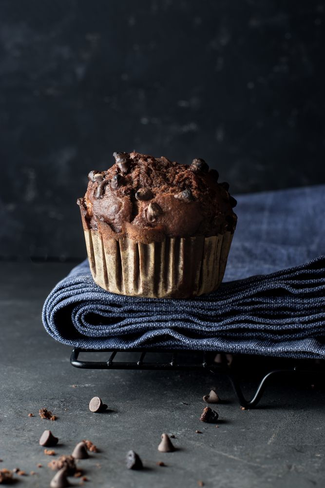 Chocolate banana muffin on towel