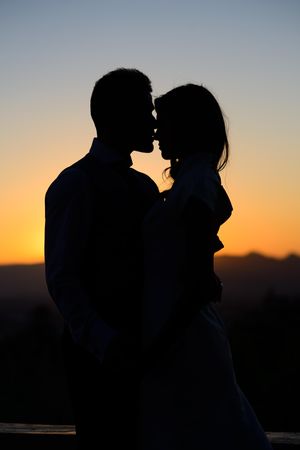 Outline of male and female couple at sunset, vertical