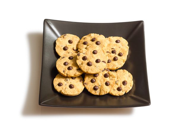 Chocolate chip cookies on a plate isolated on light background