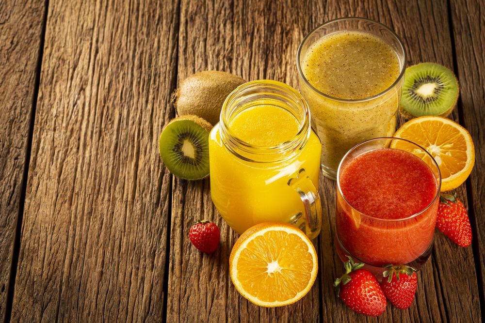 Variety of fruit juices. Fruit smoothies.