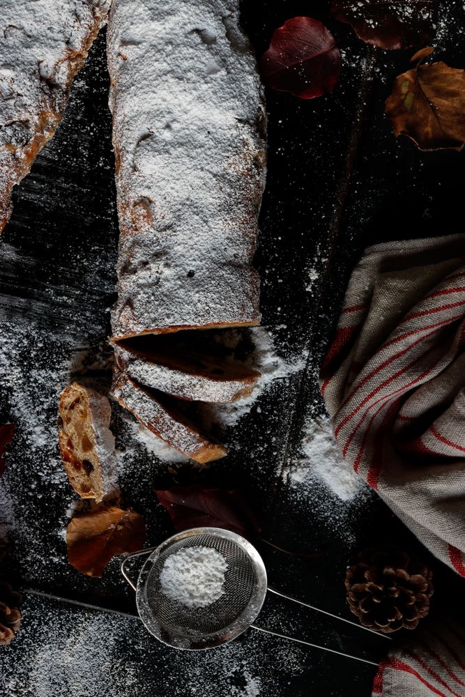 Cut Stollen with powdered sugar