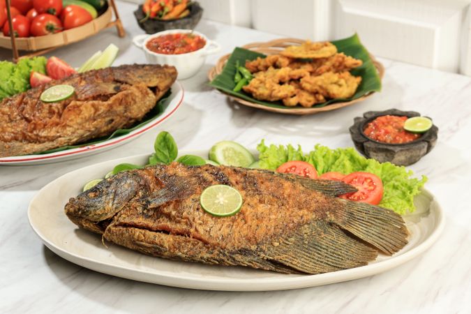 Deep Fried Gourami Fish, Gouramy or Sepat Siam Fish or Pla salid
