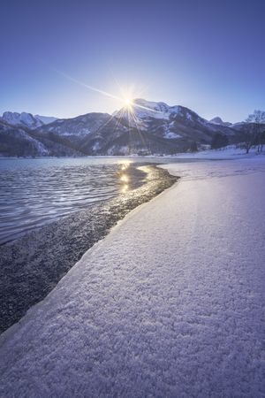 Gramolazzo lake and snow in Apuan mountains, Garfagnana, Tuscany, Italy