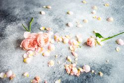 Floral card with rose flowers scattered on grey counter