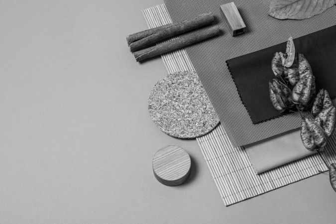Flat lay of creative moodboard composition, space for text