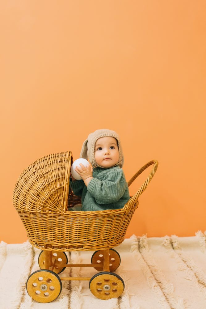 Cute baby in wicker carriage