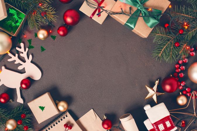 Christmas accessories frame dark background with copy space