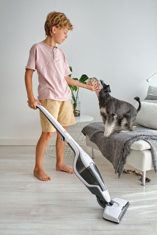 Boy petting dog during housework
