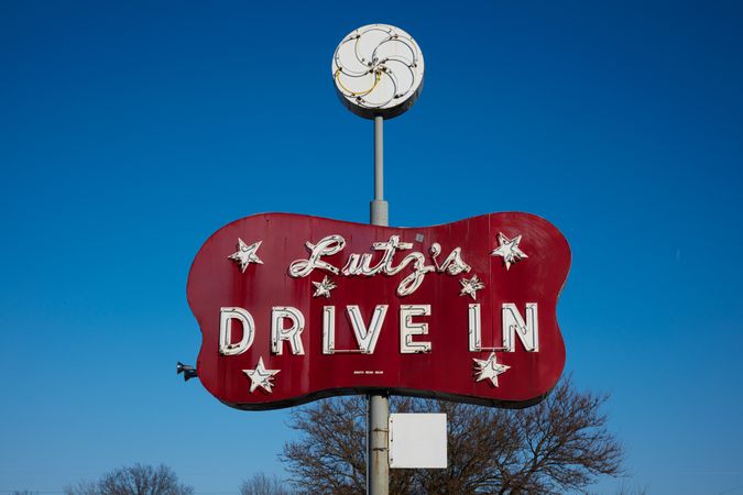 Sign for Lutz’s Drive-In restaurant in Dowagiac, Michigan