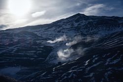Ski resort on mountain slope in morning