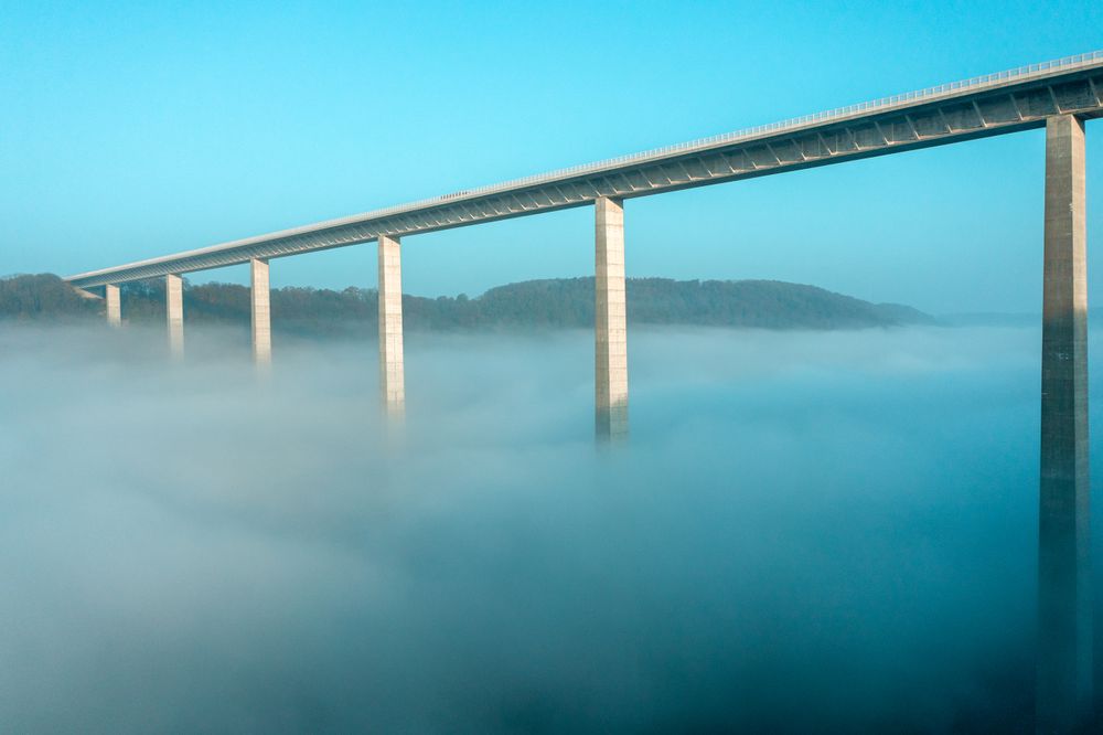 Autobahn bridge at sunrise over the Kocher river valley in Germany