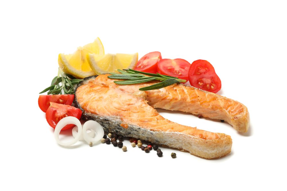 Tasty grilled salmon and ingredients isolated on blank background