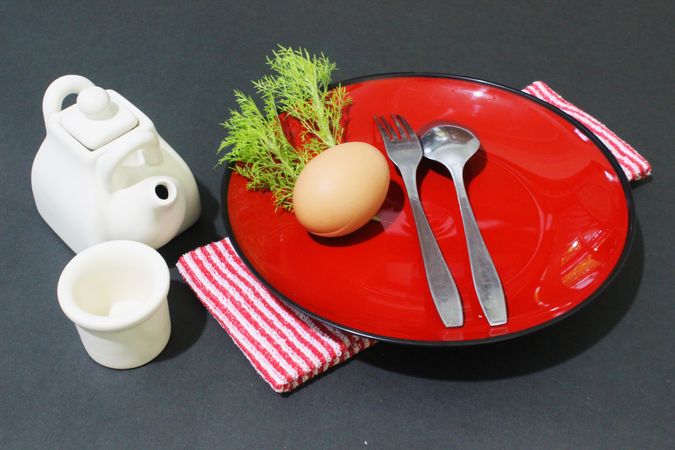 Table Setting with Eggs and Minimalist Teapot