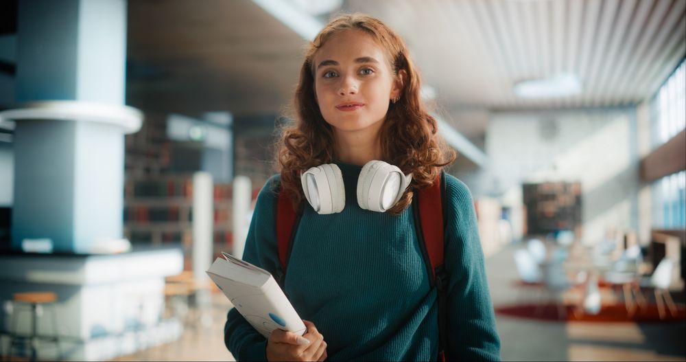 Young Female Student With Headphones and Books Walking Through Modern Library.