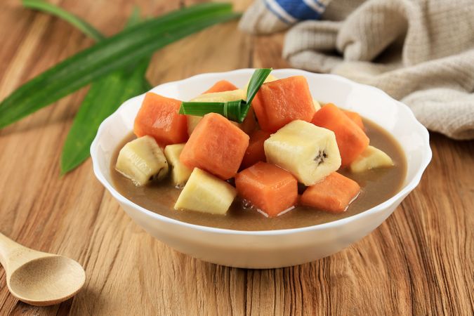 Indonesian Sweet Soup Dessert Popular for Ramadan Fasting, Kolak Pisang Ubi
