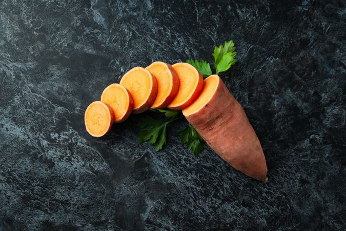 Concept of vegetables, sweet potato, top view