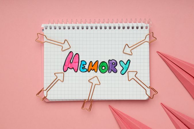 Notepad with “memory” written in colorful markers with paper planes and paper clips
