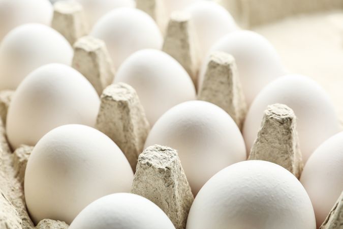 Chicken eggs in carton box as background, space for text