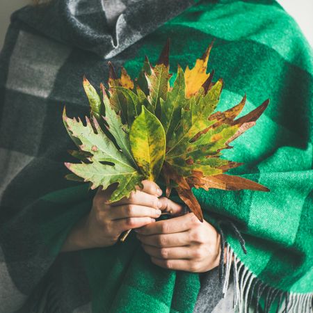 Woman holding fall leaves